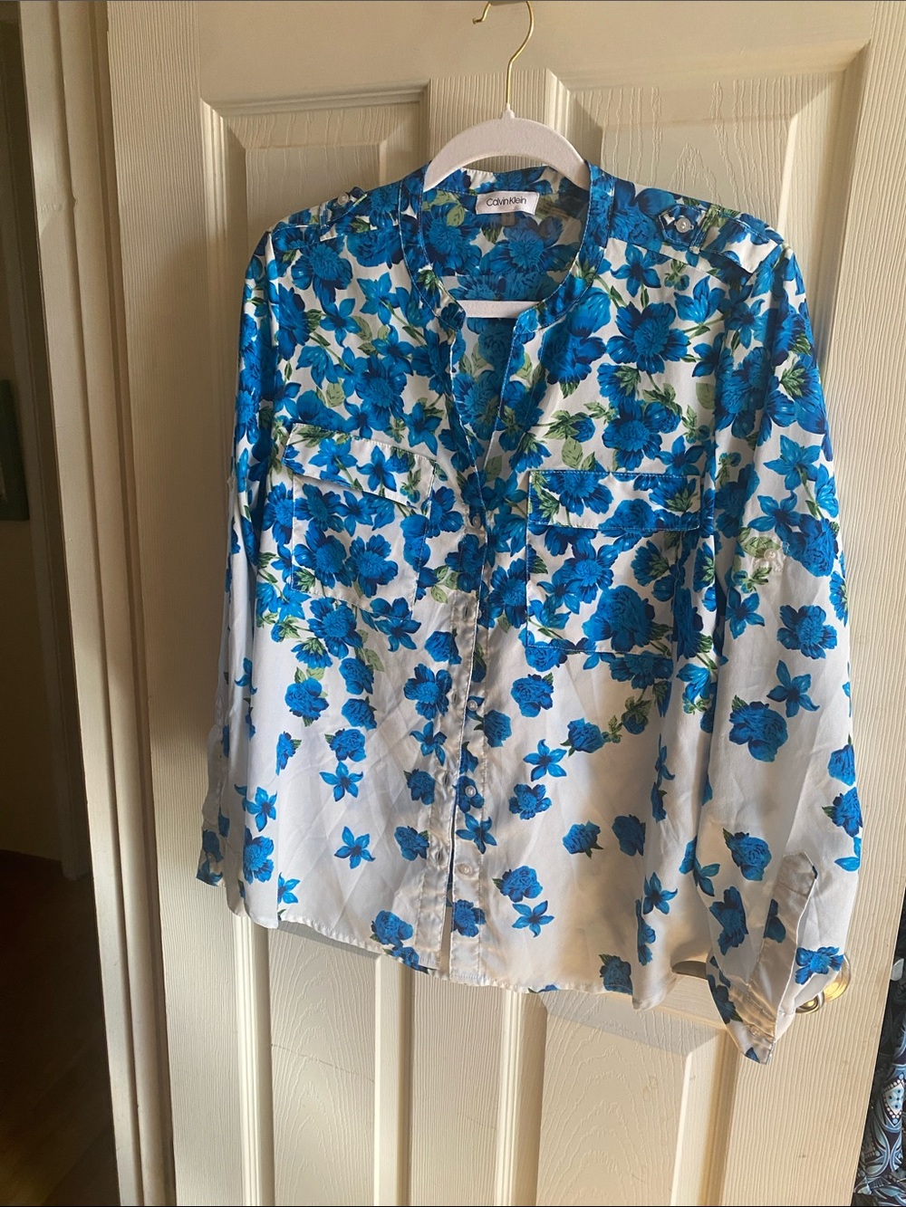 Calvin Klein White Blouse with Blue Floral Print